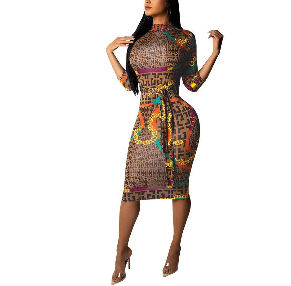 2019 Sexy Spring Print Women Casual Dress Zipper Stand Neck Half Sleeve Sexy Bodycon