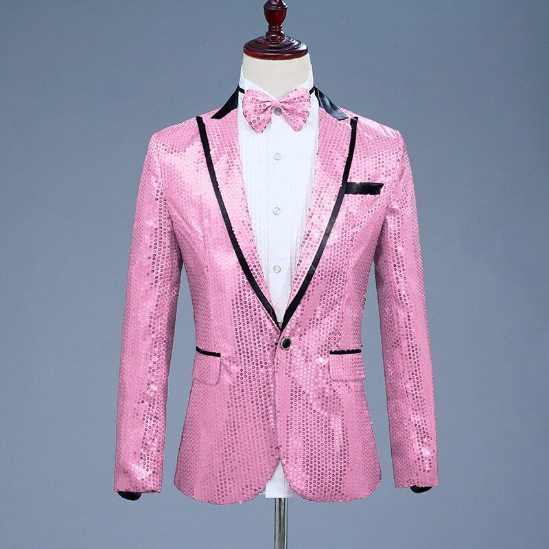 Pink Sequin One Button Dress Blazers 2022 Brand New Nightclub Prom Men Suit Jacket Wedding Stage Singer Costume (Bowtie Include)