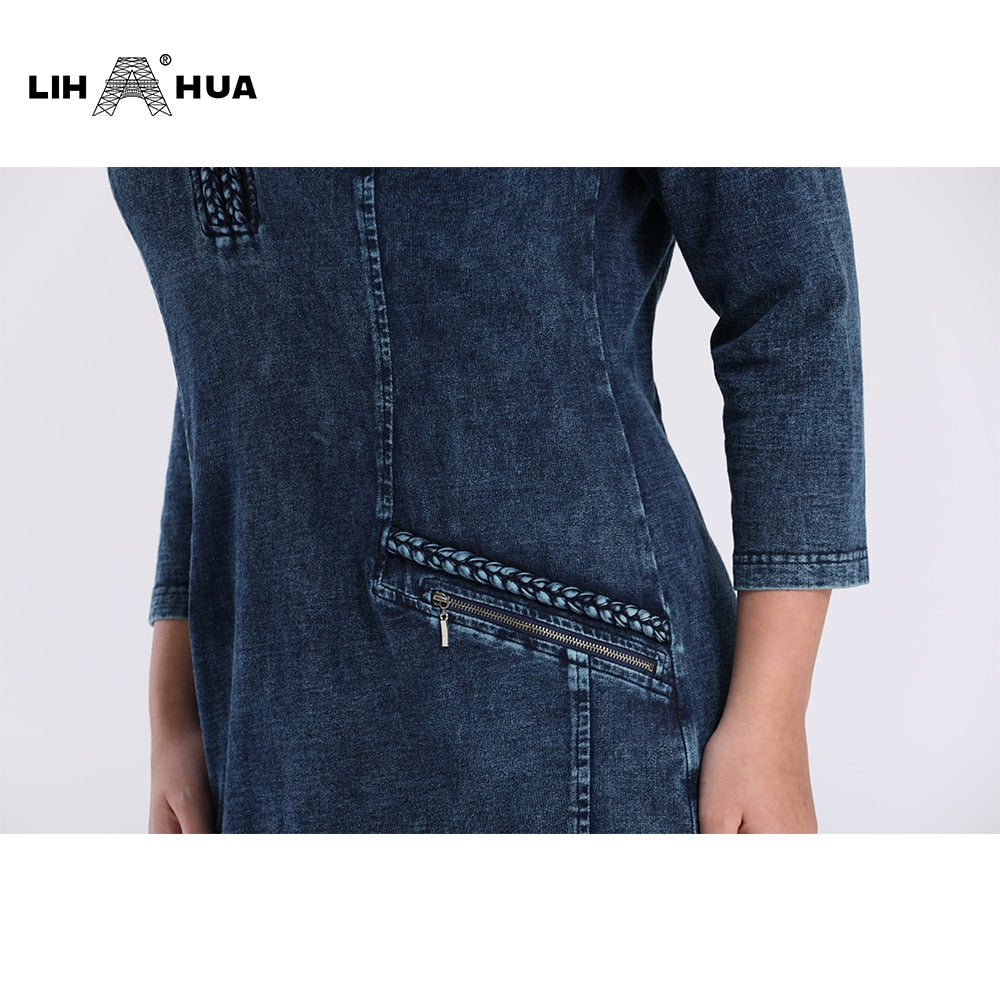 LIH HUA Women&#39;s Plus Size Denim Dress Elasticity  Knitted Denim Dresses Slim Fit Casual Dress Shoulder Pads Midi Dress