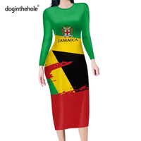 Doginthehole Jamaica Flag Printed Women Bodycon Dress Autumn Sexy Long Sleeve Pencil Party Dress Casual Winter Female Clothing