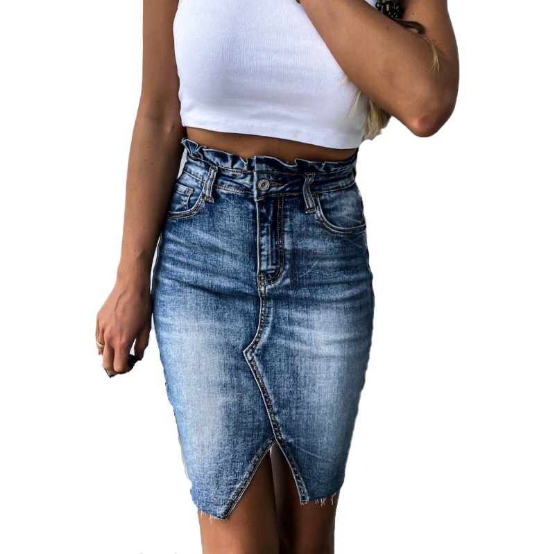 Women's New High Waist Stretch Ripped Denim Denim Skirts Solid Frayed Holes Bodycon Mini A-line Pencil Skirt Streetwear