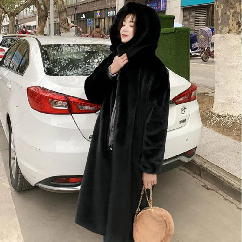 Winter Women High Quality Faux Rabbit Fur Coat Luxury Long Fur Coat Loose Lapel OverCoat Thick Warm Plus Size Female Plush Coats