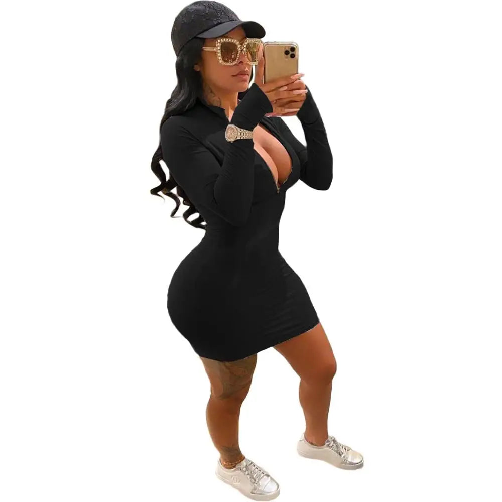 Elegant Autumn Winter Bodycon Mini Women Dress Sexy Zipper V Neck Long   Mega Mart Center