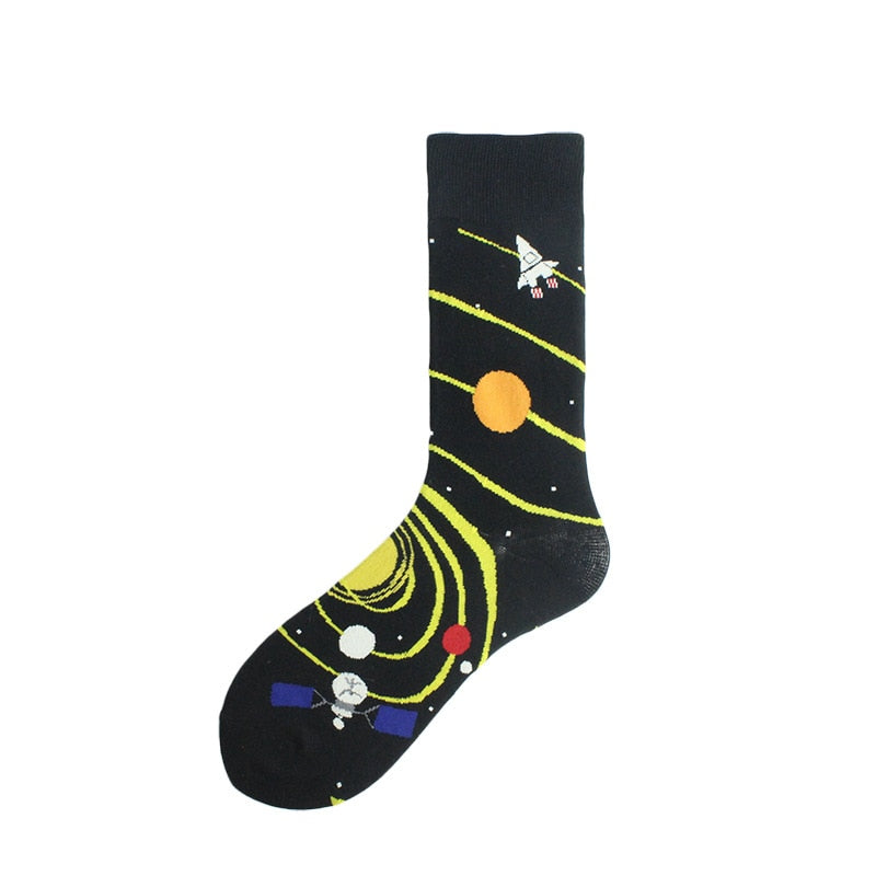 Happy Funny Unisex Painting UFO Astronaut Outer Space Rocket Star War Men Crew Socks Streetwear Cotton Male Skateboard Dress