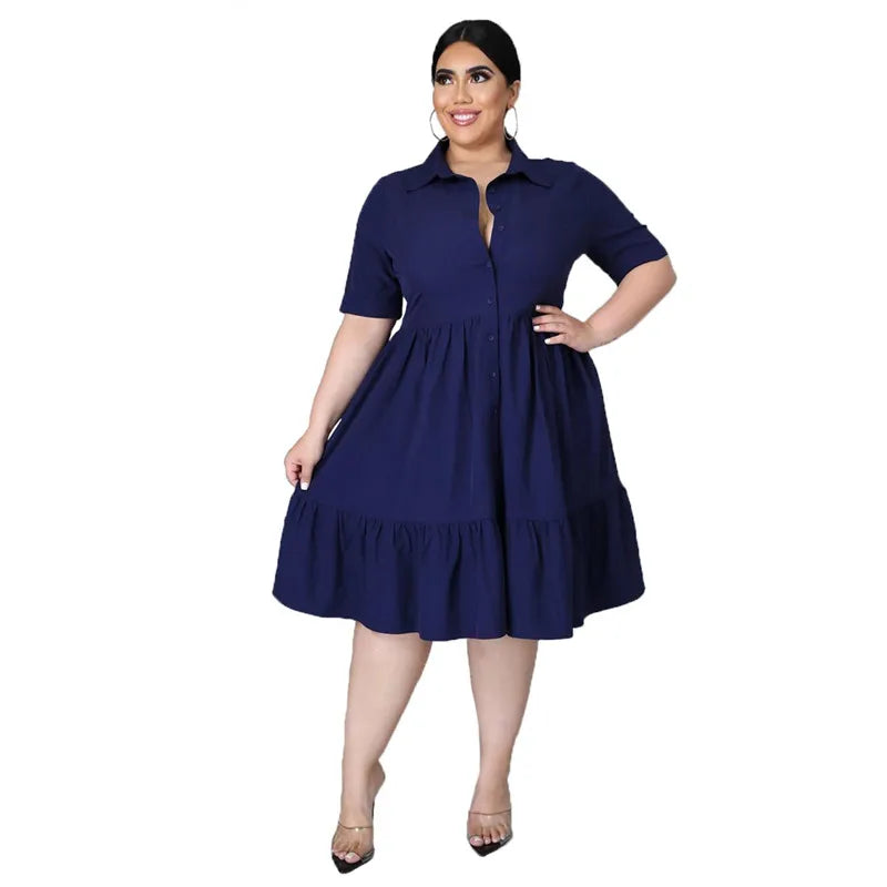 New Plus Size Dresses Women Summer Wholesale Solid Buttons Casual Turn Down Collar Knee Length Ruffle Shirt Dress Dropshipping