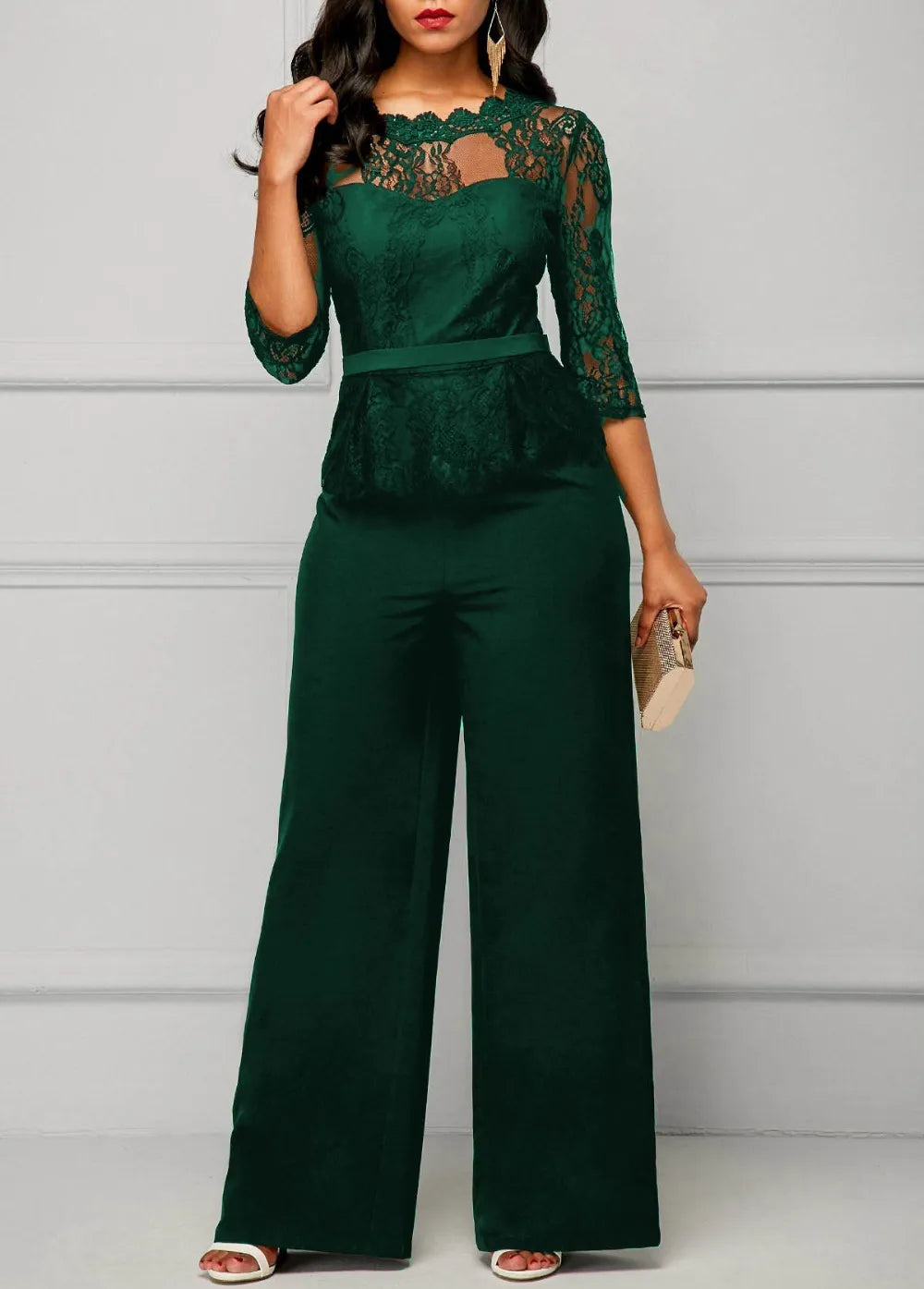 Elegant Sexy Jumpsuits Women Long Sleeve Lace Patchwork Jumpsuit Loose Trousers Wide Leg Pants Rompers Holiday Black Overalls