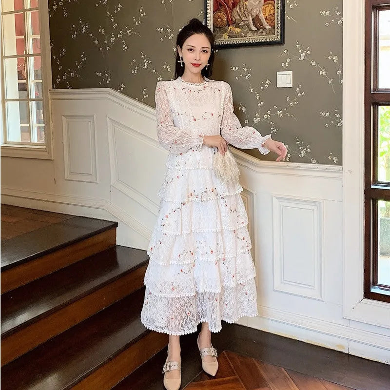 Summer Lace Flower Embroidery Long Cake Dress Women A-Line Long Sleeve Six Layers Ruffles Dress Runway Elegant Party Dress A383