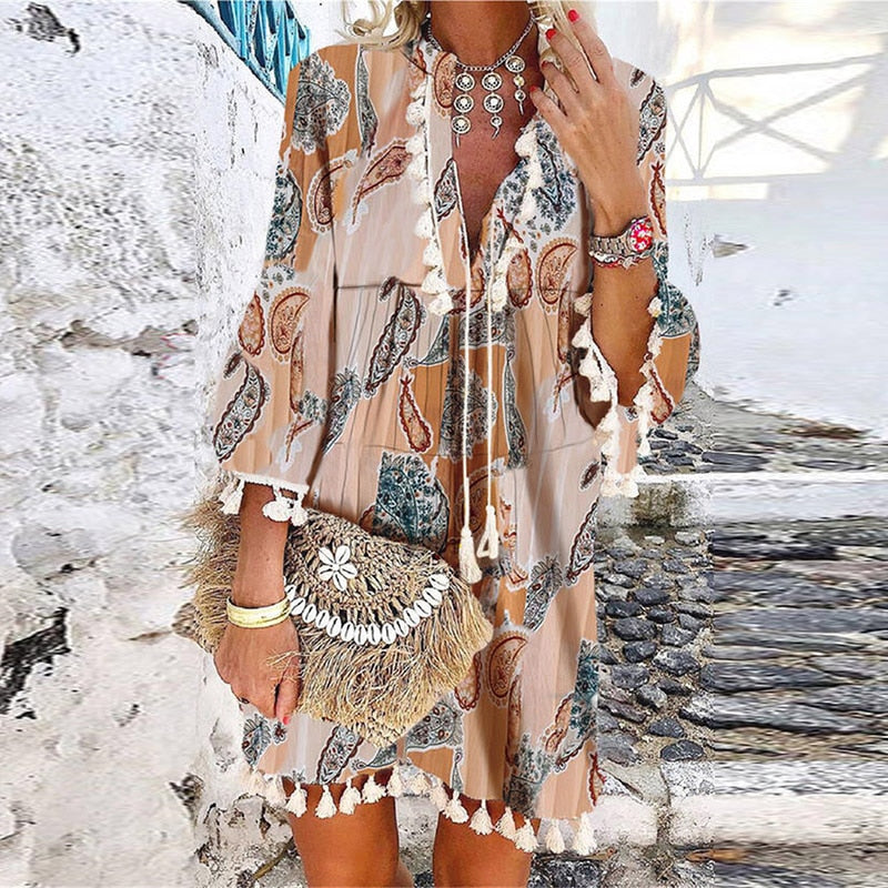 2021Sexy Summer V Neck Tassel Beach Dress