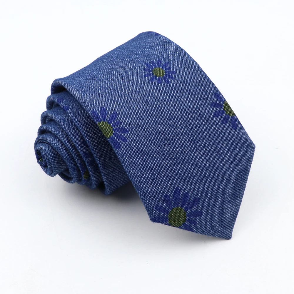 New Cotton Denim Ties For Men 7CM Floral Feather Dot Blue Neck Tie For Wedding Party Casual Print Slim Neckties Daily Wear Gift