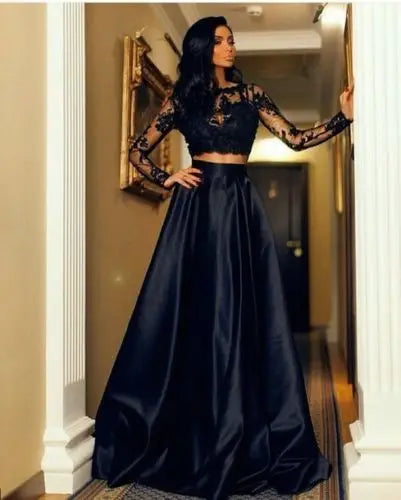 Hot 2pcs Suit Sexy Women Black Lace Formal Prom Long Dress Elegant Long Maxi Dress