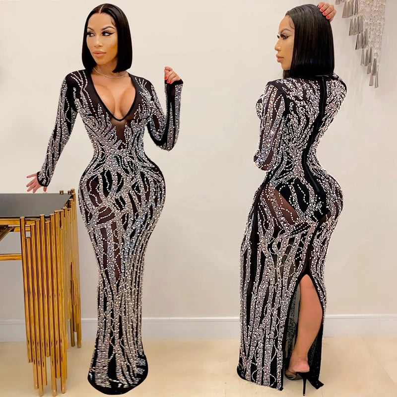 2021 Women Long Sleeve Dress Sexy Deep V Neck Hot Rhinestone Mesh See Through Midi Maxi Dress Long Hip Dress For Evening Party