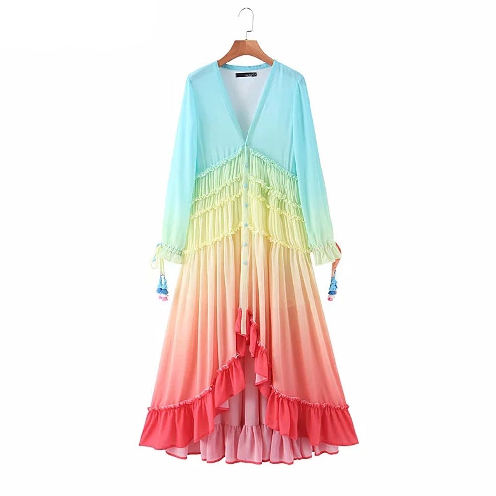 Summer Bohemia Beach Dress Women Casual Gradient Color Loose Dresses