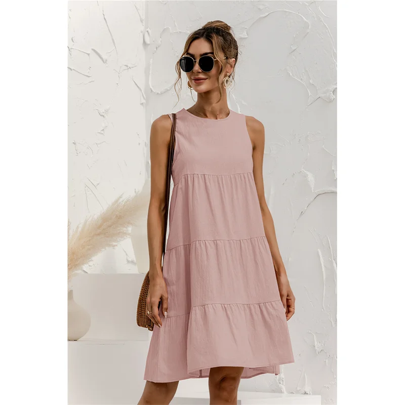 Loose Summer Vest Cotton Dress Sleeveless Solid Color Mid-length Dress Large Sewing Casual Swing 2023 Summer Women's