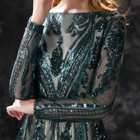 Long Evening Dresses Gorgeous Elegant Muslim Mermaid Long Sleeve Sequined Hunter Green Prom Party Formal Occasion Gown