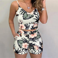 Women 2-piece Outfit Set Summer Flower Printed Sleeveless V-neck Blouse + Shorts Set Female High Waist Hot Shorts Pants Sets