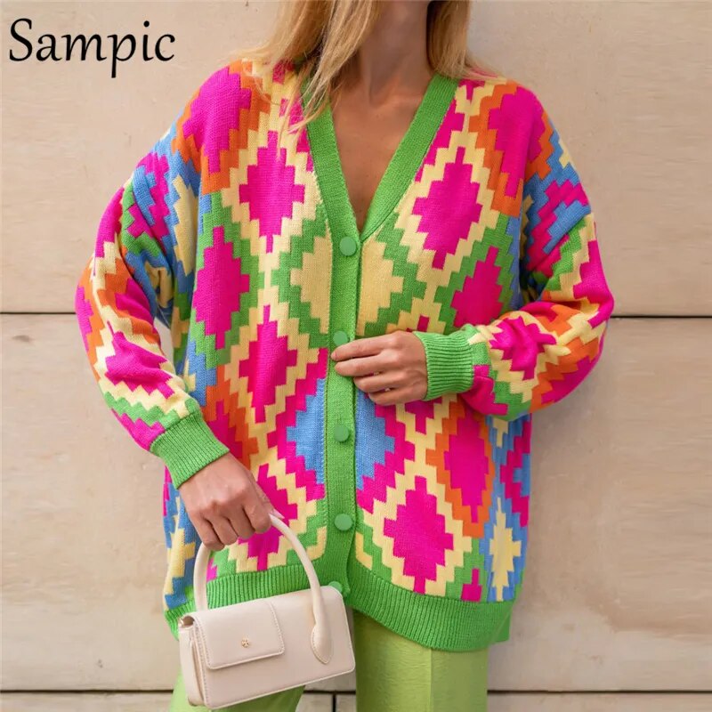 Sampic Winter Women Basic V Neck Oversized Knitwear Argyle Cardigans Green 2021 Autumn Fashion Y2K Knitted Sweater Cardigans