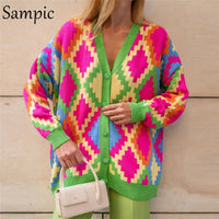 Sampic Winter Women Basic V Neck Oversized Knitwear Argyle Cardigans Green 2021 Autumn Fashion Y2K Knitted Sweater Cardigans