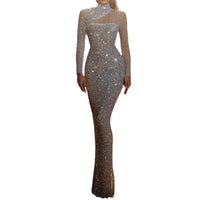 New Women's Satin Hollow Strapless Dress Round Neck Slim Temperament S-Shaped Sequin Crocheted Floor-Length Striped Pattern