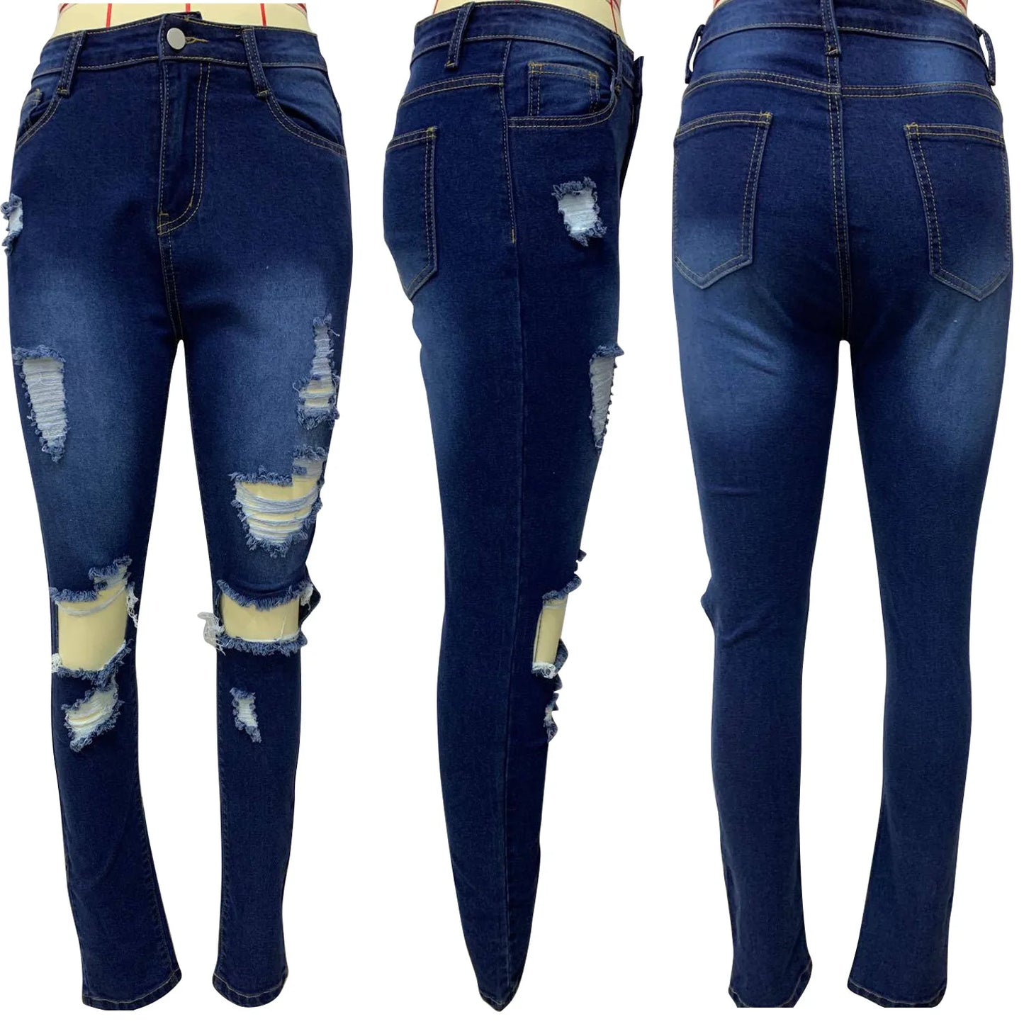 Women Fashion Slim Fit Jeans Hot Washed Color Ripped Hole Tassel Stretchy Mid-waist Denim Pencil Long Pants Trousers