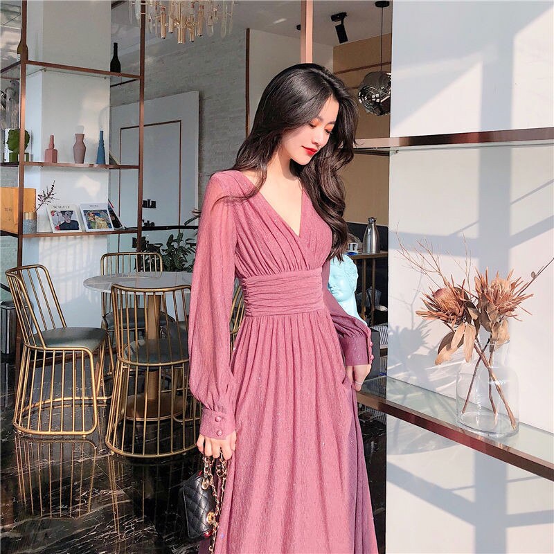 Women Dress Autumn V-Neck Long Sleeve Shiny Midi Dress A-Line Evening Night Party Elegant Dress Red Black Pink vestidos 2021