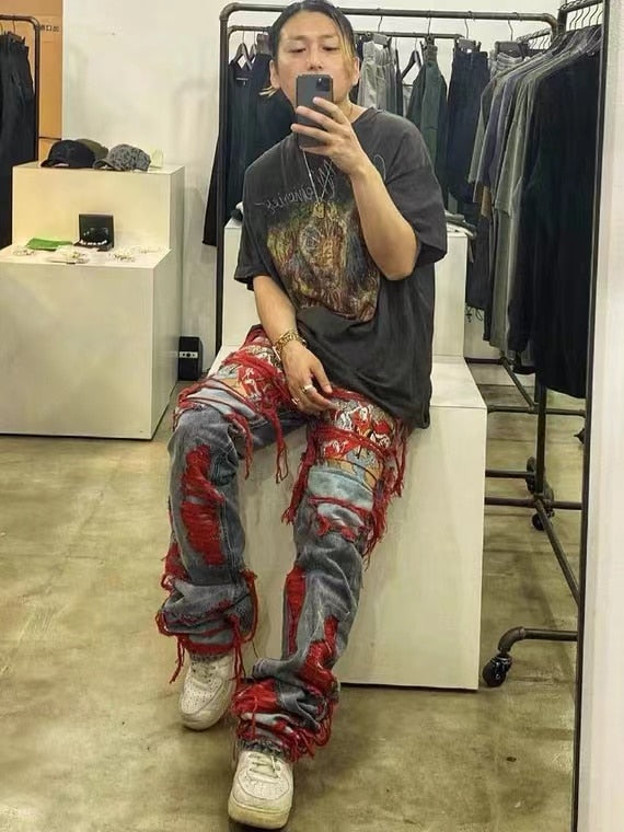 High Street Hip Hop Destroy Brushed Embroidered Baggy Jeans Casual Straight Leg Denim Pants Man Women