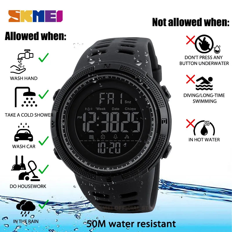 SKMEI Fashion Outdoor Sport Watch Men Multifunction Watches Alarm Clock Chrono 5Bar Waterproof Digital Watch reloj hombre 1251