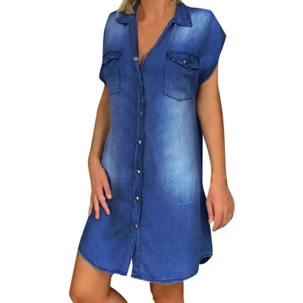 Fashion Women Dress Turn Down Collar Single-breasted Pockets Knee-length Vintage Denim Dresses for Women Summer 2021