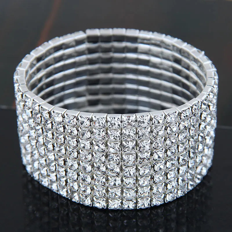 TREAZY 1-10 Rows Rhinestones Bridal Wedding Bangles Gold/Silver Color Crystal Stretch Bracelet Women Wristband Elastic Jewelry