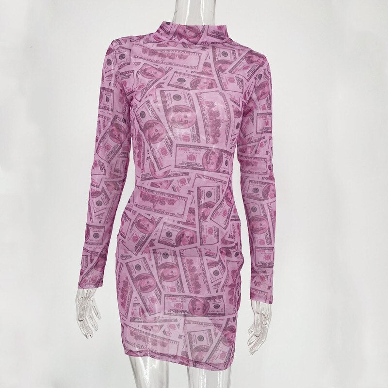 Joskaa Money Graphics Mesh Print Long Sleeve Dresses for Women Street –  Mega Mart Center