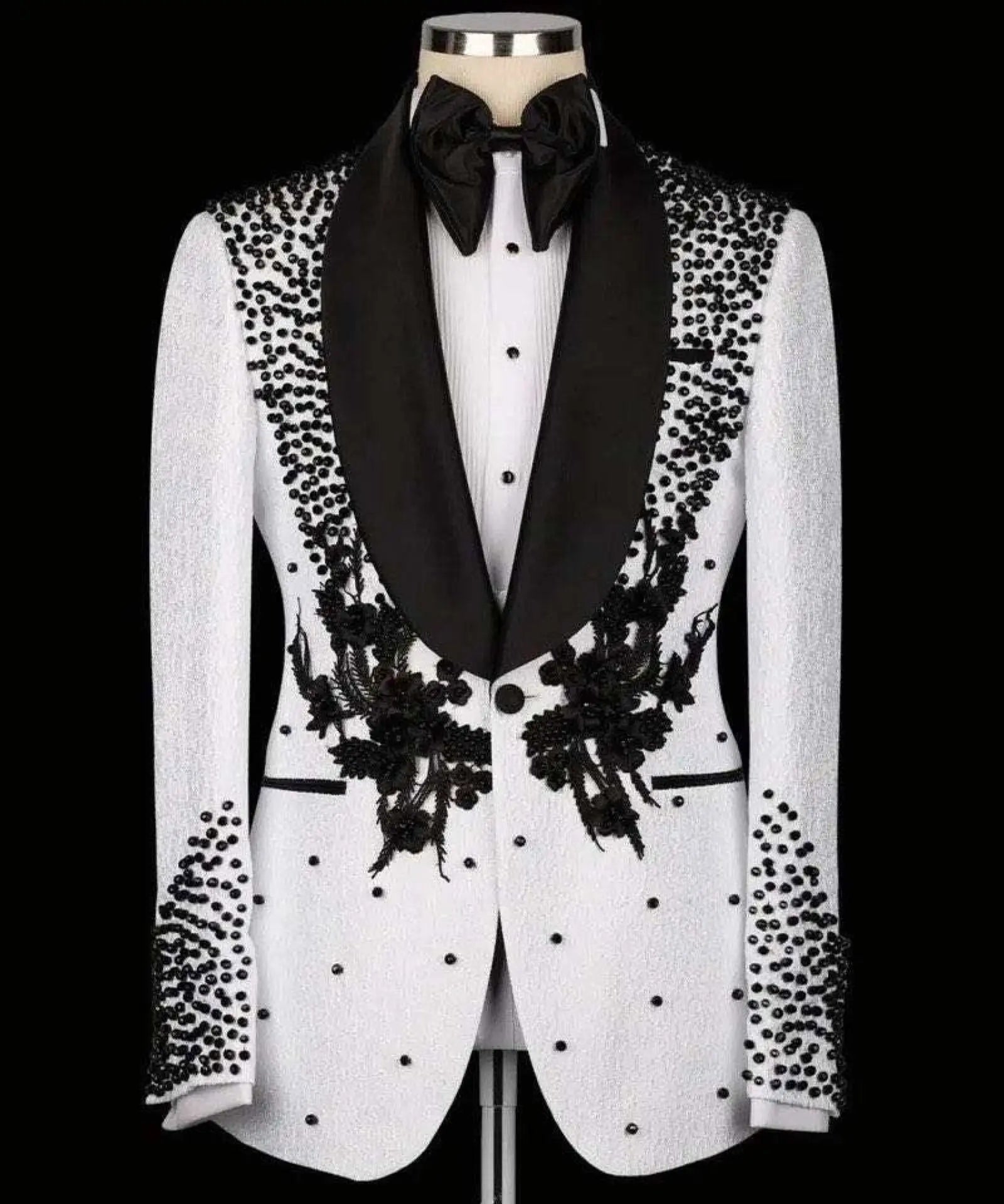 Black Beads Mens Wedding Tuxedos Ceremony Formal Groom Wear Party Birthday Pants Suits 2 Pieces Costume Marriage MS659