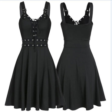 Sexy Women&#39;s Gothic Punk Sleeveless Strap Sling Dress Elegant Strap Backless