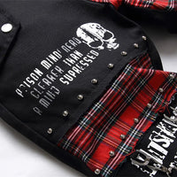 Men's Scotland Red Plaid Tartan Patchwork Jeans Punk Rivet Patch Black Denim Pants Skull Letters Printed Slim Straight Trousers