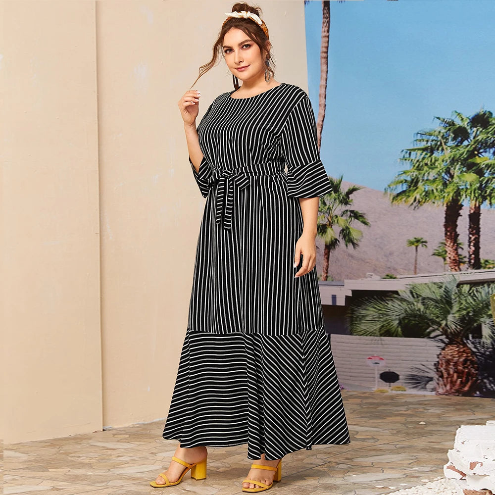 Dress Summer Women 2021 Autumn Three Quarter Sleeve Striped Print Casual Dress Black Ruffles Maxi Long Dresses