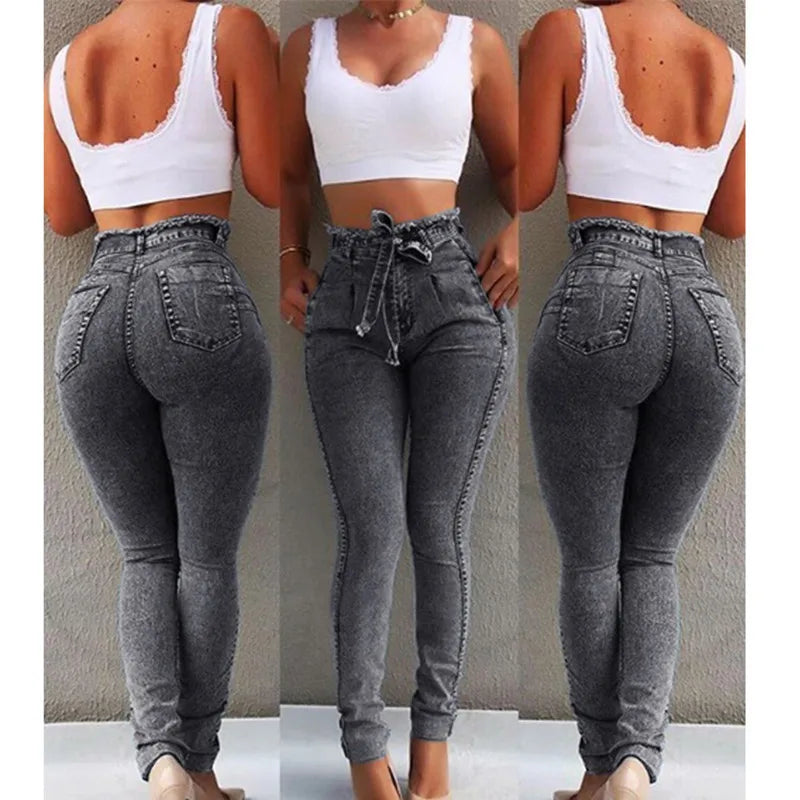 Women's Casual Hip-lifting Slim-fit Jeans Stretch Fringed Belt Pencil Pants High-waisted Denim Trousers Jeans for Women