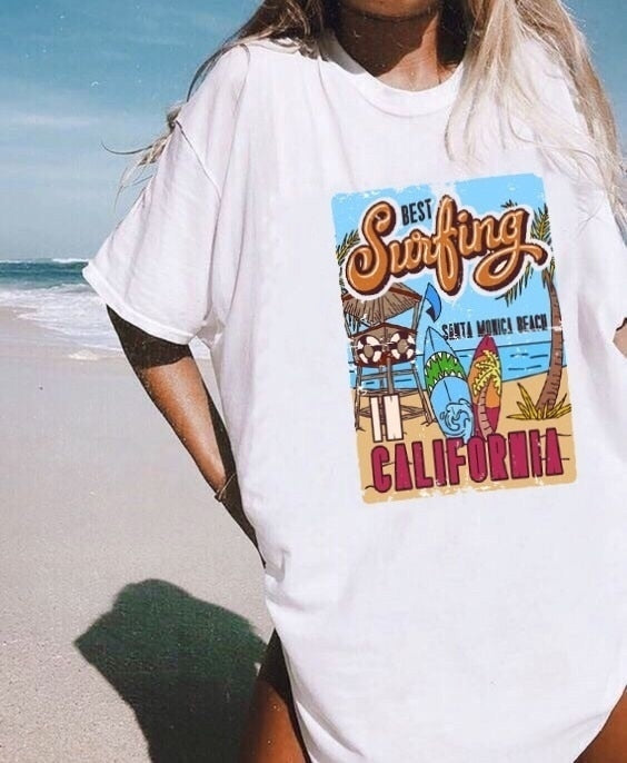 1pcs WHITE Tees Summer Casual Oversized Tee Best Surfing Santa Monica California