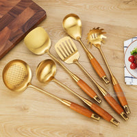 Konco Gold Cooking Utensils,Stainless Steel Kitchen Utensils Tool Set Non-Stick Spatula Spoon Colander Kitchen Gadgets Cookware