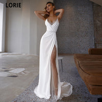 LORIE White Mermaid Wedding Dresses Soft Satin Beach Bridal Gowns V-Neck Spaghetti Straps Luxury Beading Princess Party Gowns