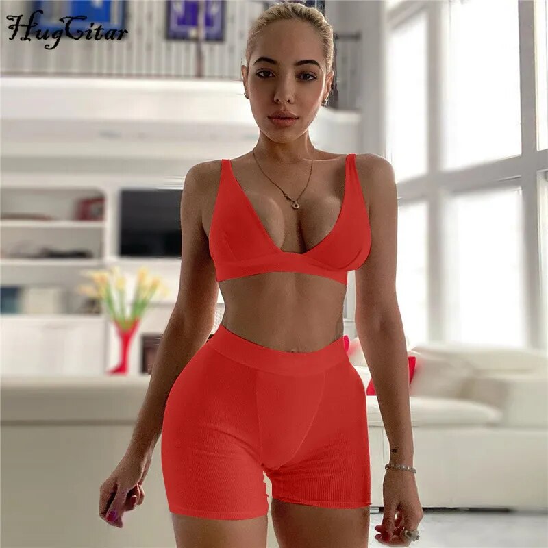 Hugcitar 2021 Sleeve V-Neck Sexy Crop Tank Top Biker Shorts 2 Piece Set Autumn Winter Women Fashion Streetwear Tracksuit