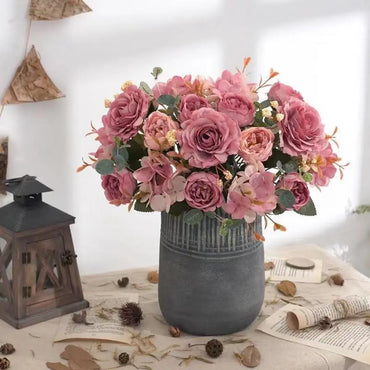 Artificial Flowers Retro Silk Rose Bouquet Hydrangea Peony Vintage Bride Holding Fake Plants Home Wedding Decoration Accessories