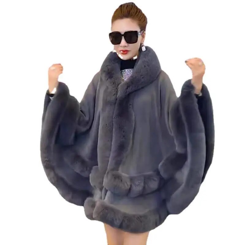 Double Layer Luxury Imitated Rex Rabbit Fur Cape Coat Hooded Shawl Winter Women Knit Poncho Overcoat Faux Fur Wraps Big