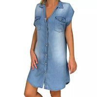 Fashion Women Dress Turn Down Collar Single-breasted Pockets Knee-length Vintage Denim Dresses for Women Summer 2021