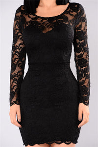 Sexy Autumn Black Long Sleeve Lace Dress Women Hollow Out O-Neck Club Party  Dress