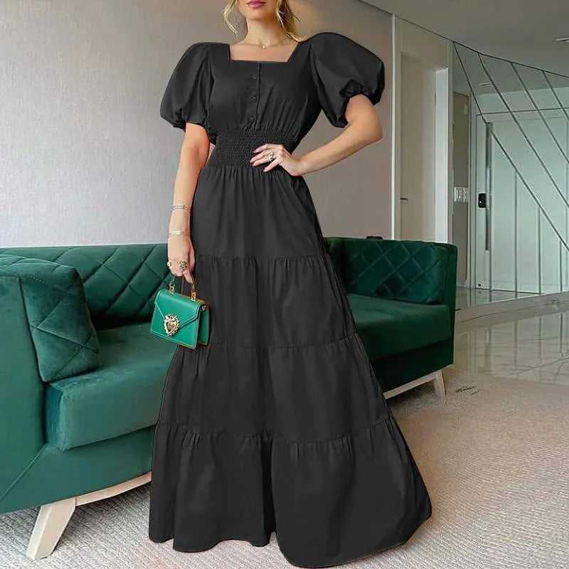 Vintage Puff Sleeve Women Party Maxi Dress Elegant Striped Office Lady Long Dresses Fashion Turn-down Collar Button Shirt Dress