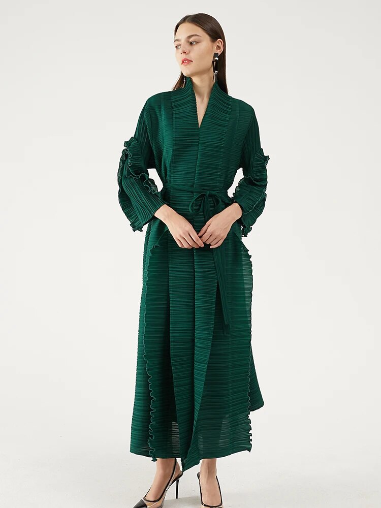 Miyake Pleated Petal Sleeve Dress Lapel Cardigan Sashes High Fashion Loose Long Dresses Fall 2022 Winter Women Designer Clothes