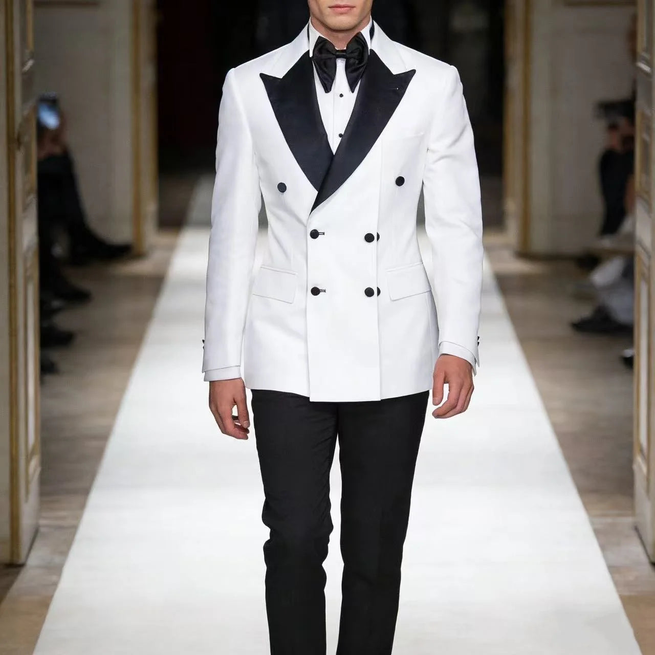 Wholesale Black and White Double Breasted Wedding Suits for Men Peaked Lapel Slim Fit Tuxedos 2 Pieces Fashion Casual Suits