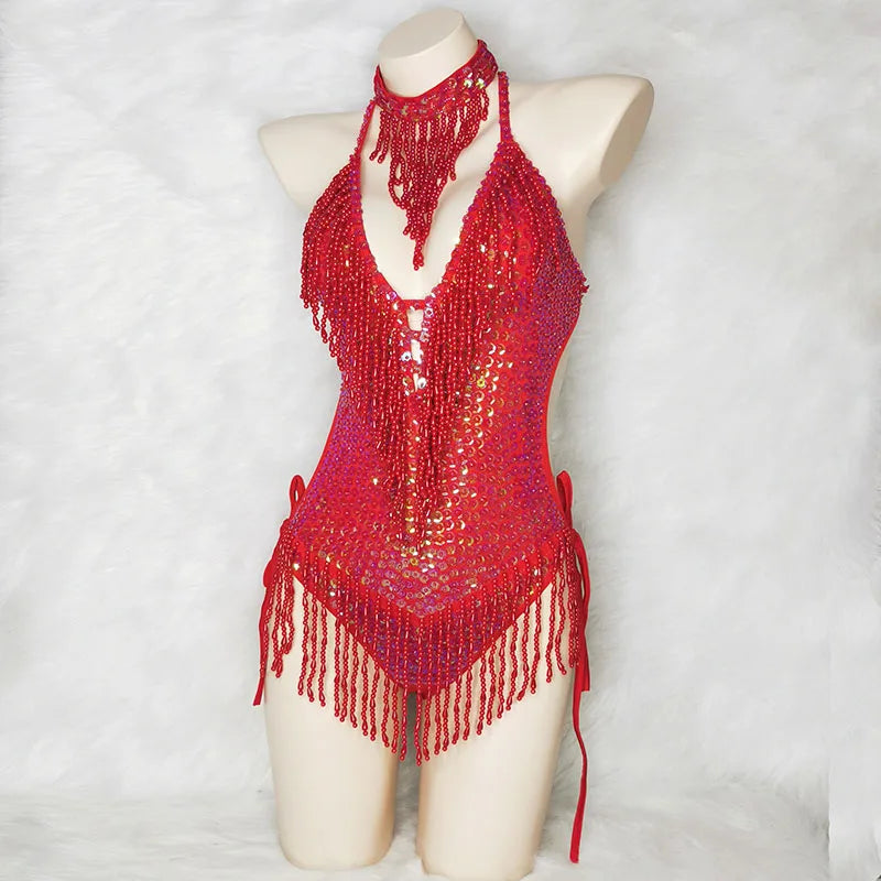 Shiny Costume For Women Red Beading Sequin Tassel One-Piece Bodysuit Sexy Clubwear Party Outfit Stage Performance Dance Clothes