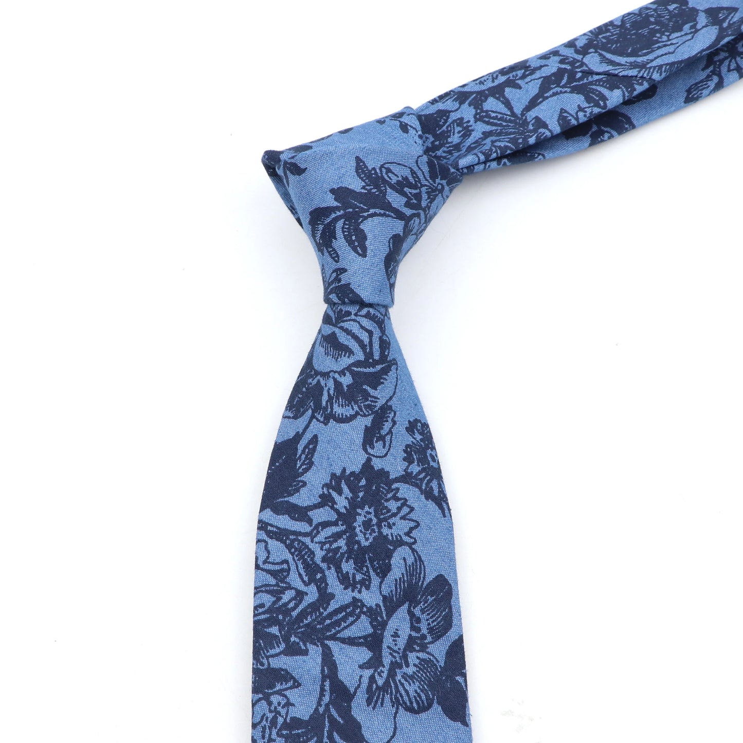 New Cotton Denim Ties For Men 7CM Floral Feather Dot Blue Neck Tie For Wedding Party Casual Print Slim Neckties Daily Wear Gift