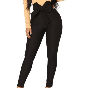 Chic Lady Solid Color High Waist Bow Belt Elastic Women Pencil Pants Trousers Waist Bow Belt Elastic Slim-Fit Pencil Pants