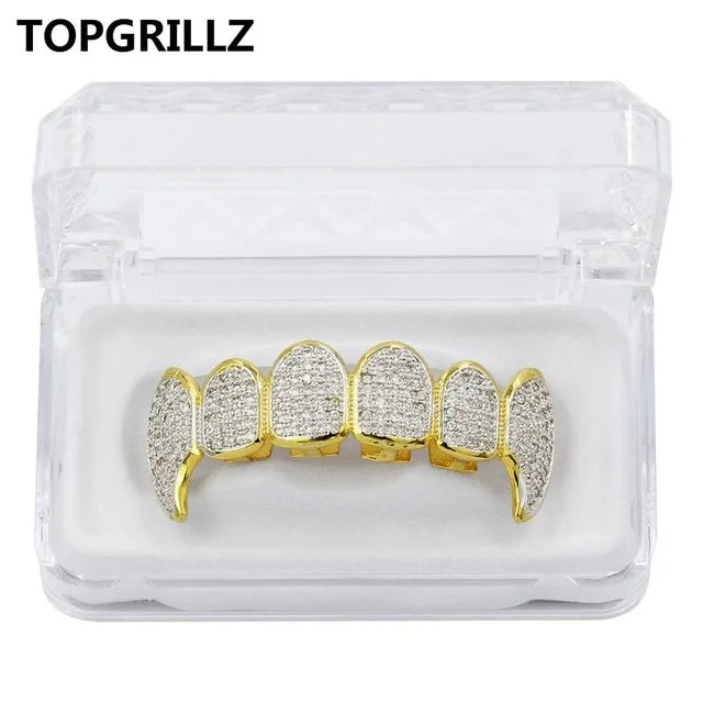 TOPGRILLZ New Fit Silver Plated CZ Micro Pave Top & Bottom GRILL SET Rhodium Teeth Grills Vampire Tooth Grillz