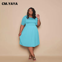 CM.YAYA Women Plus Size Dress Solid Short Sleeve O-neck Stretchy Loose Knee Length Dresses Casual Fashion Vestidos Summer 2021